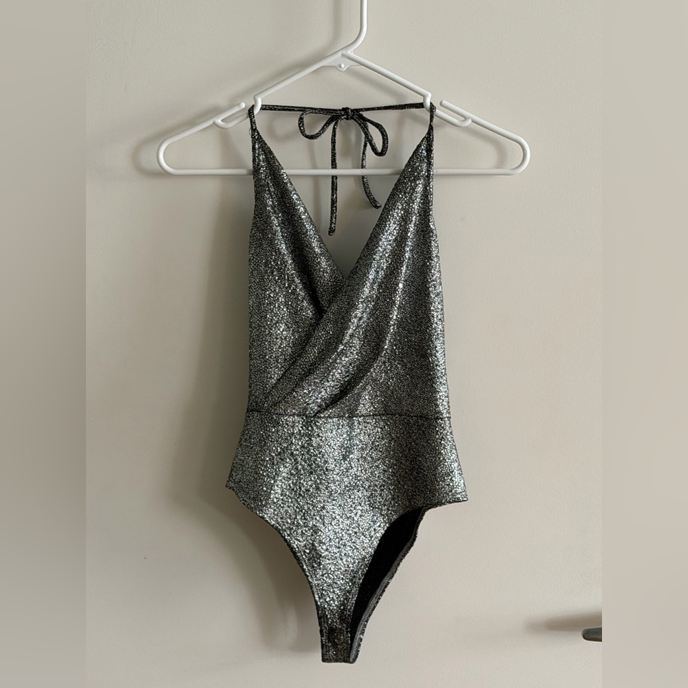 Bear Dance Metallic Silver Halter Bodysuit